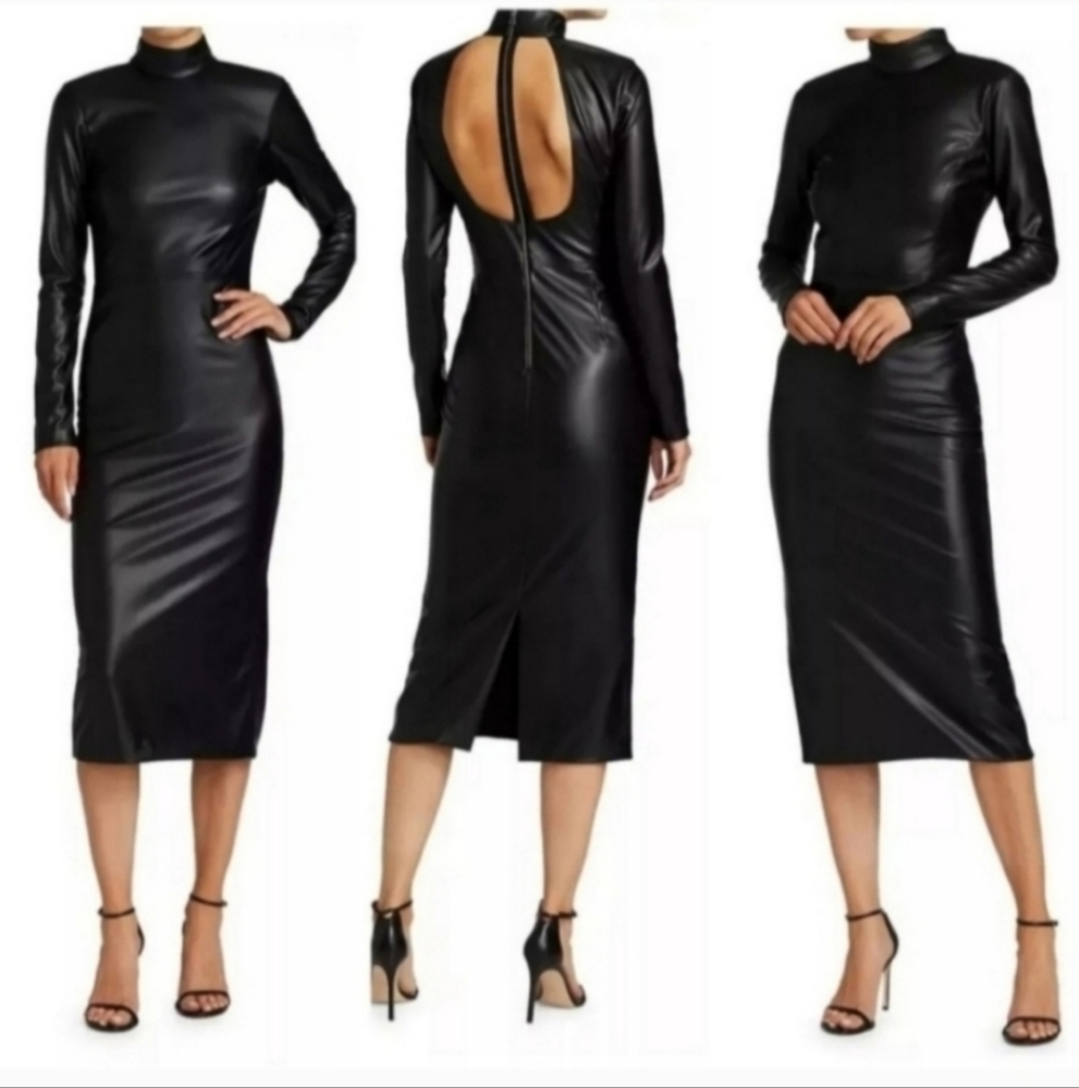 ALICE + OLIVIA DELORA VEGAN LEATHER MOCKNECK MIDI DRESS SIZE 4